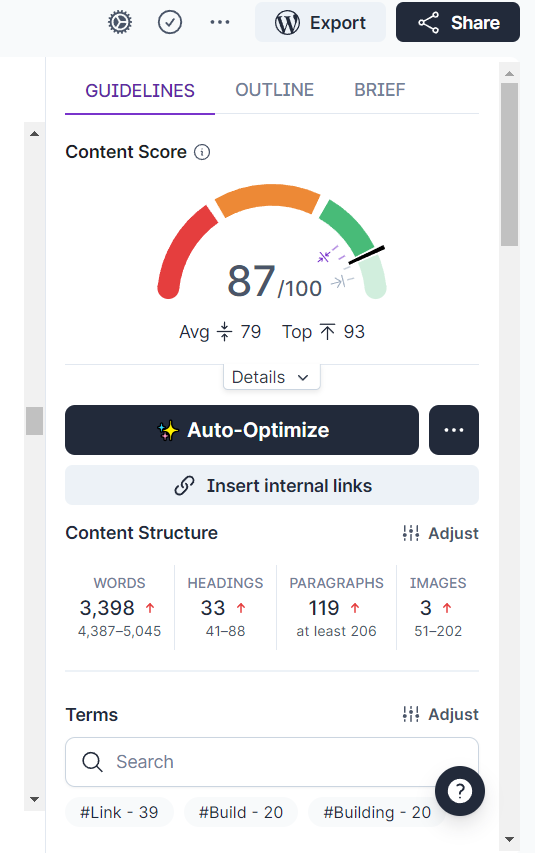 Surfer SEO content score