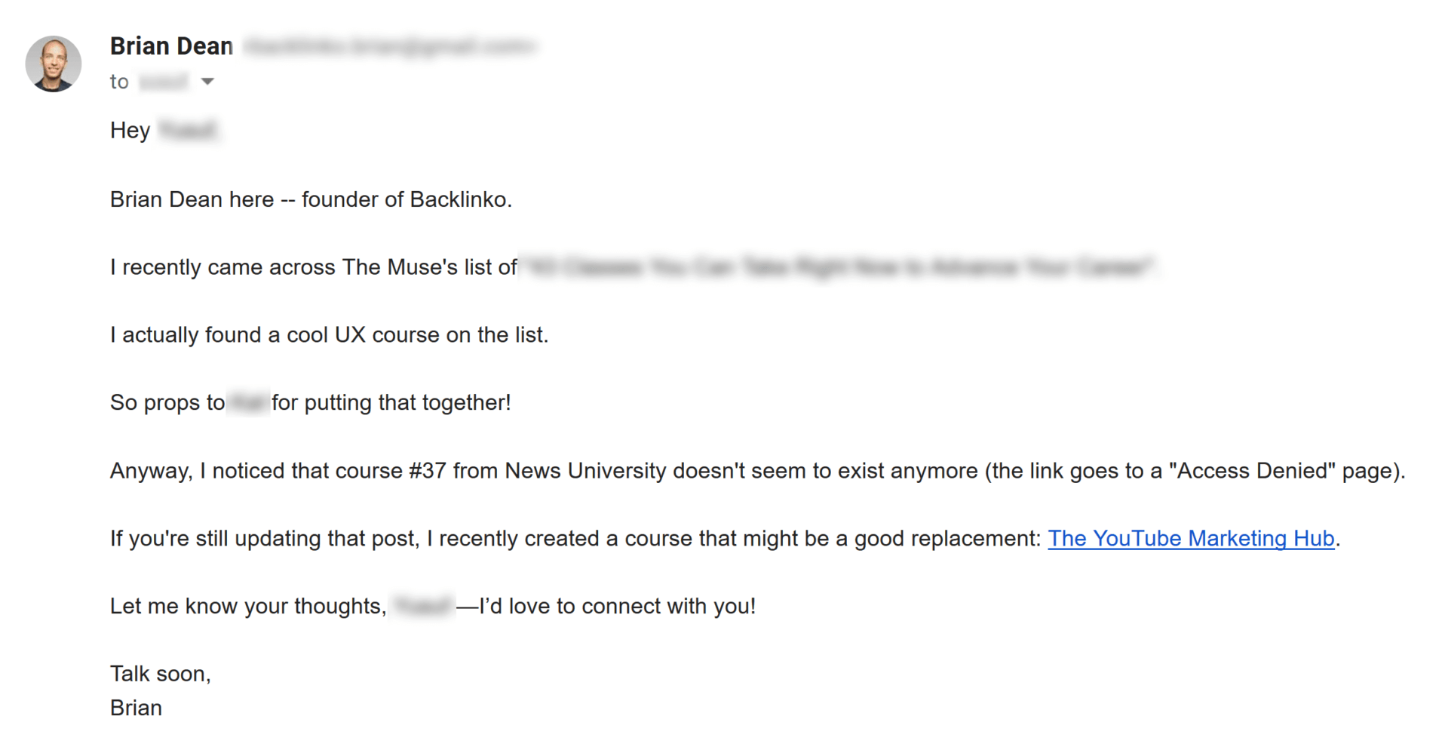 Broken link outreach email example from Brian Deane at Backlinko