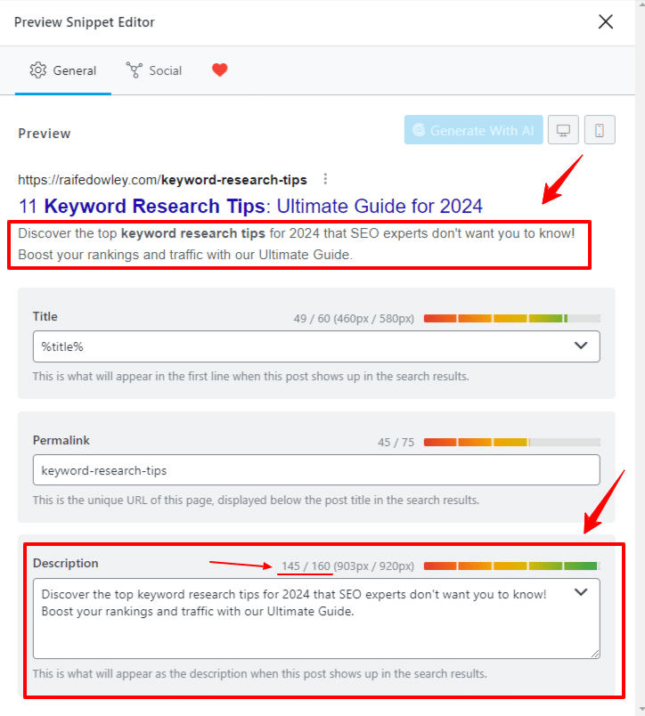 Screenshot of WordPress, showing the area to set the SEO meta description.