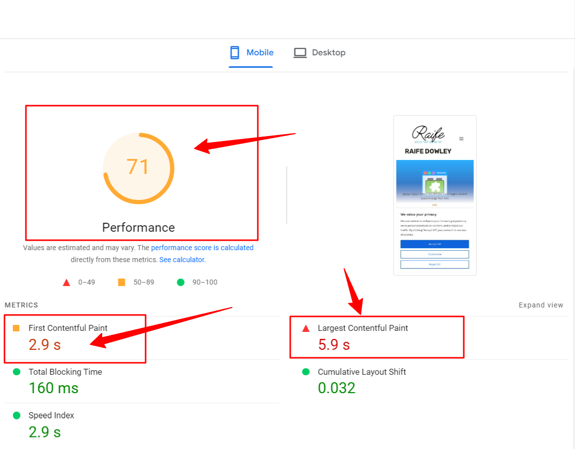Page Speed Insights SEO report