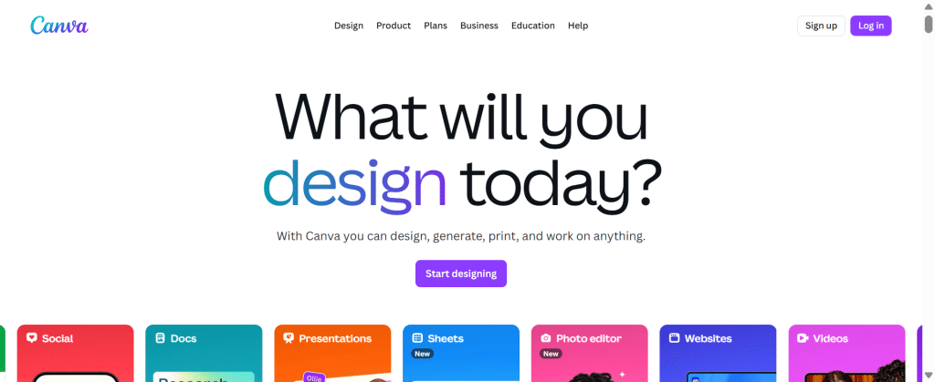 Screenshot of the Canva homepage