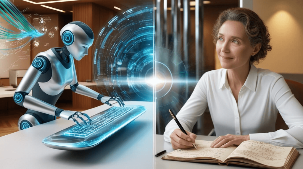 Robot using keyboard, woman writing, showing collaboration between AI and humans