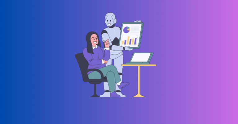 Featured image showing how AI speeds up quality content creation, with a robot presenting charts to a woman