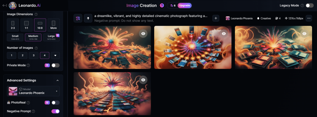 Leonardo.AI interface displaying AI-generated cinematic images and settings.