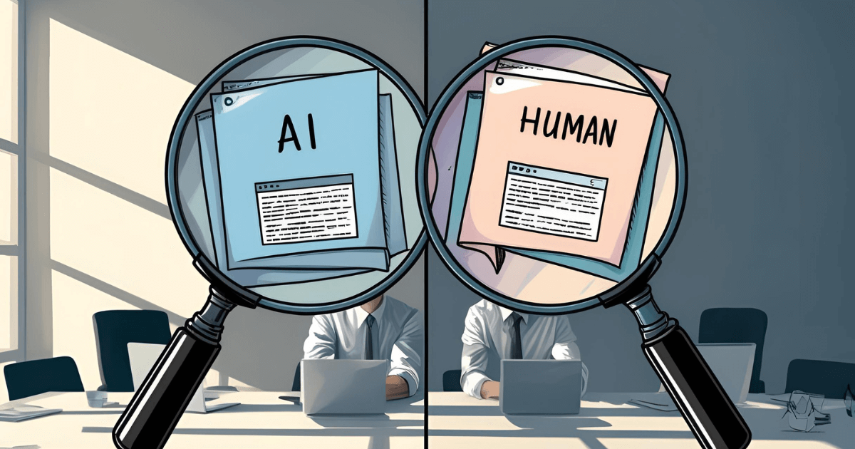 This is the featured image for the article showing a side-by-side comparison of two content pieces labeled "AI" and "Human" with a magnifying glass highlighting differences between AI vs human writing