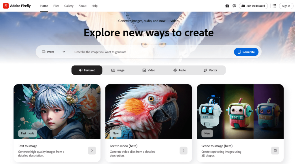 This is a screenshot of the homepage of Adobe Firefly.