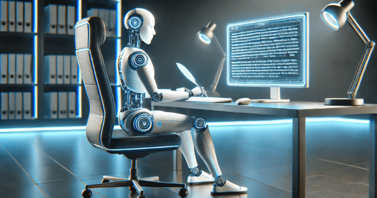 A robot writes with a quill, representing AI writing workflows.