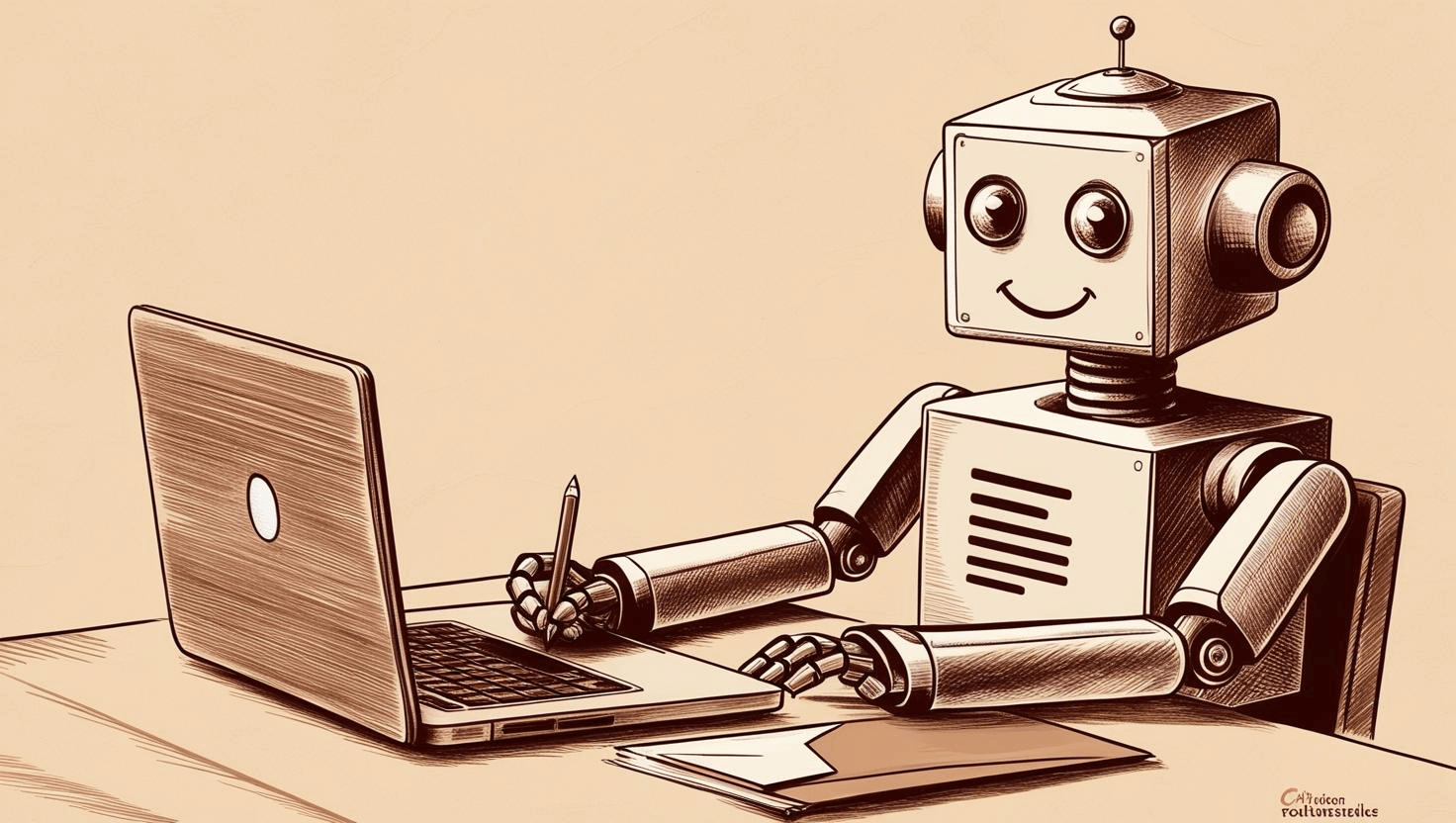 A smiling robot using a laptop and writing with a pencil, representing the best long form AI writing tools for content creation.
