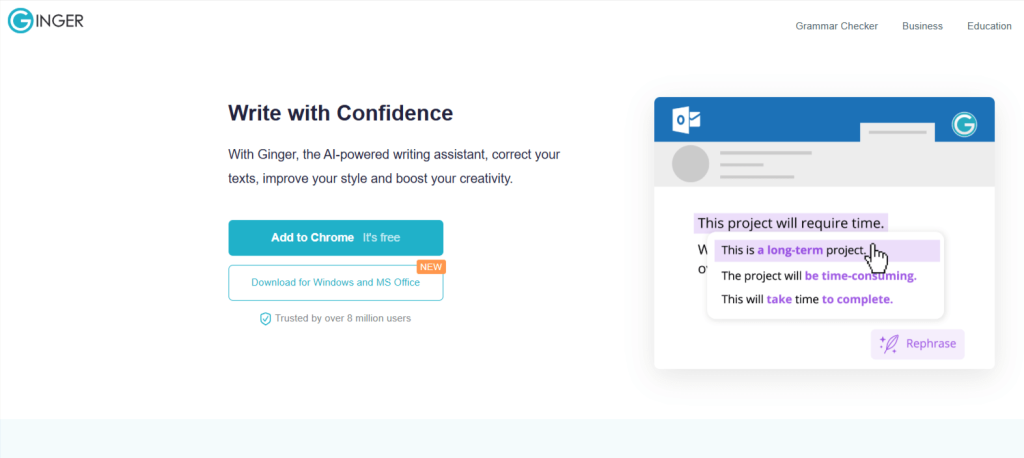 A screenshot of the Ginger software homepage.