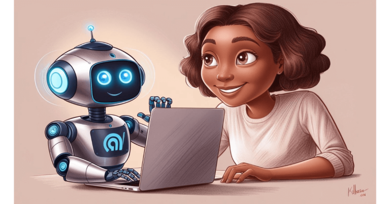 Woman and AI robot working on a laptop, illustrating How to Edit AI-Generated Content