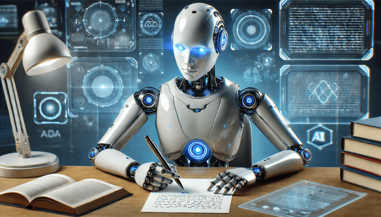 An AI robot writing at a desk with futuristic digital screens showing how to train AI to write like you.