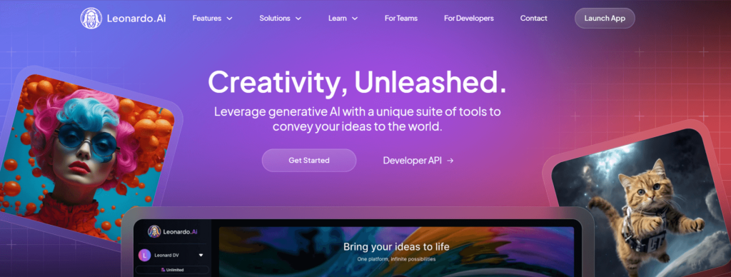 This is a screenshot of the homepage of Leonardo AI