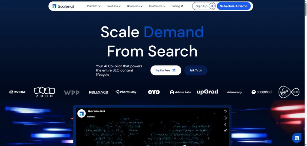 Scalenut AI homepage with SEO-focused branding and logos