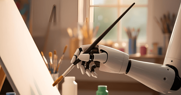 This is my featured image for my article on the best AI image generators for content creators showing an AI artist painting.