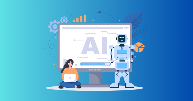 Featured image for the article on how to avoid AI content detection showing a human writer and AI detector.