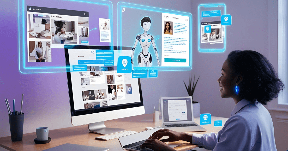 Content creator using AI tools to scale content production with multiple digital screens displaying various content formats. How to scale content production with AI efficiently demonstrated in a modern workspace.