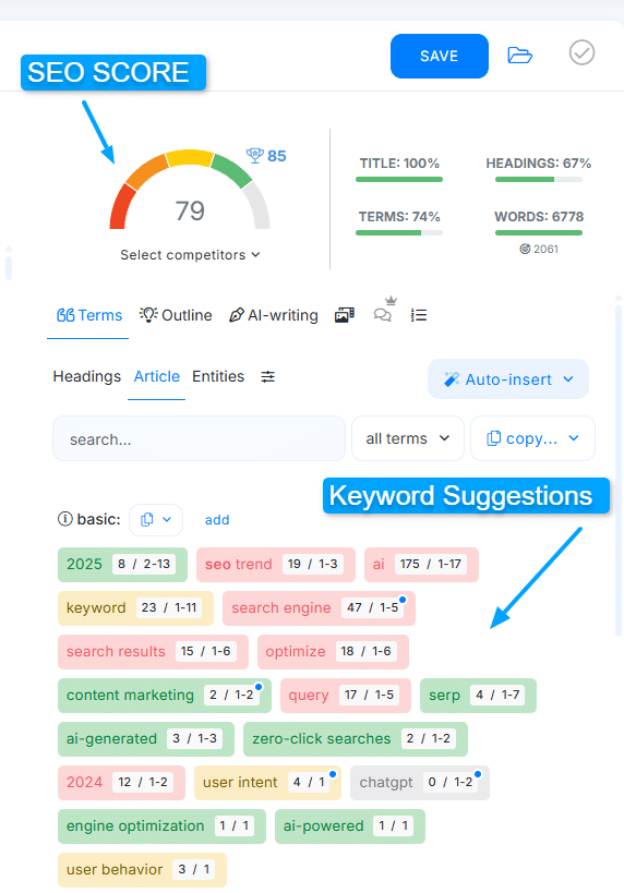 Screenshot of my dashboard from neuron writer showing ai-powered optimization suggestions.